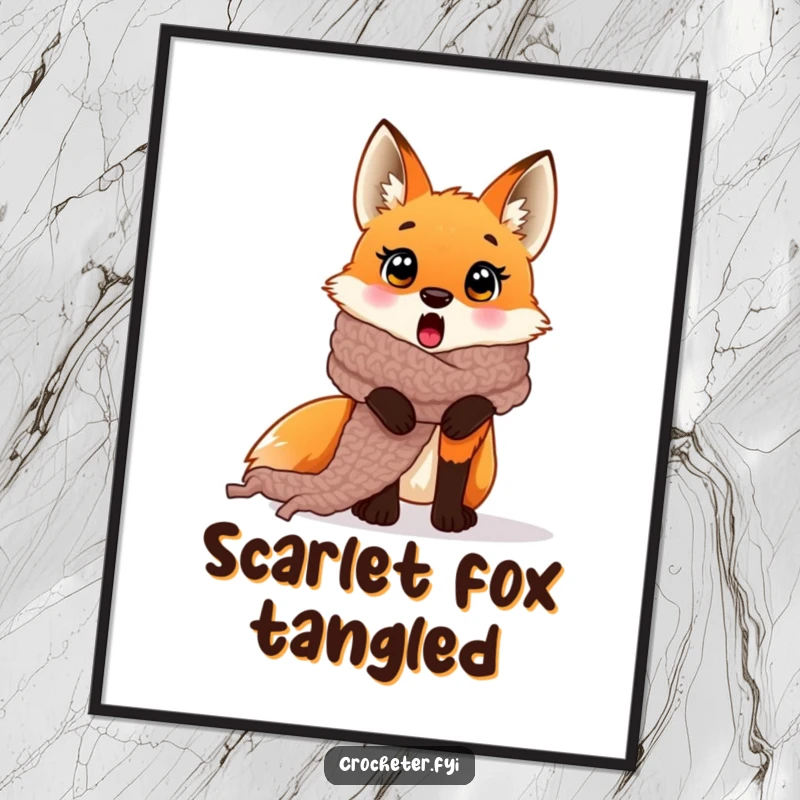 Funny surprised fox poster caught in a giant crocheted scarf, a humorous piece of wall art.