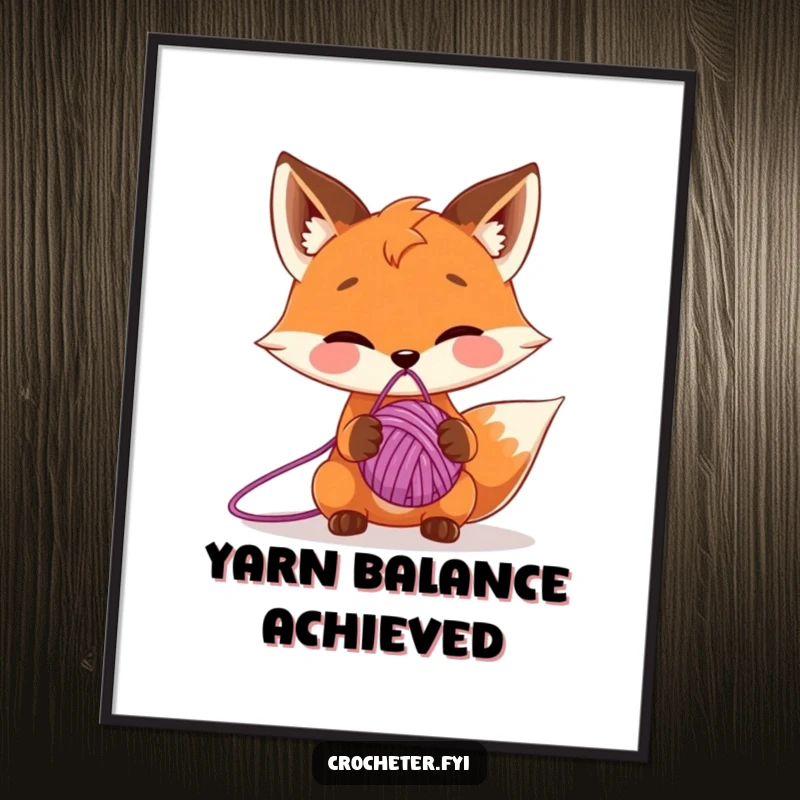 Funny poster of a mischievous fox character balancing a ball of yarn on its nose, showcasing playful dexterity and charm.