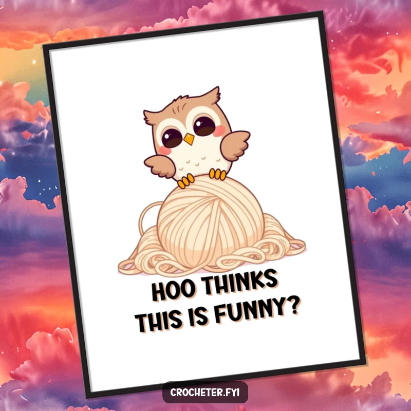 Funny Giggling Owl Poster: Joyful owl humorously drops a large yarn ball, a funny wall art gift.