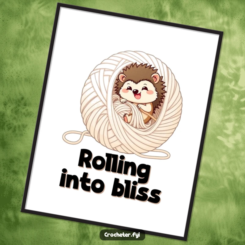 Funny hedgehog poster, showing a hedgehog joyfully rolling in a giant ball of yarn, perfect for cozy decor.