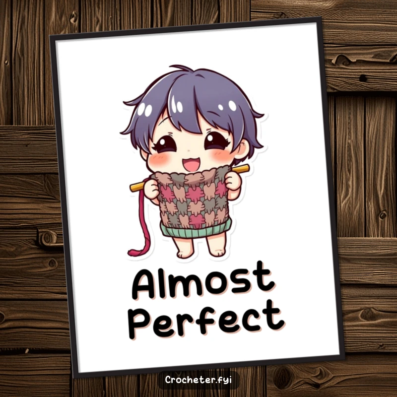 Funny poster featuring a happy character proudly displaying a colorful, half-finished knitted item, perfect for craft rooms.