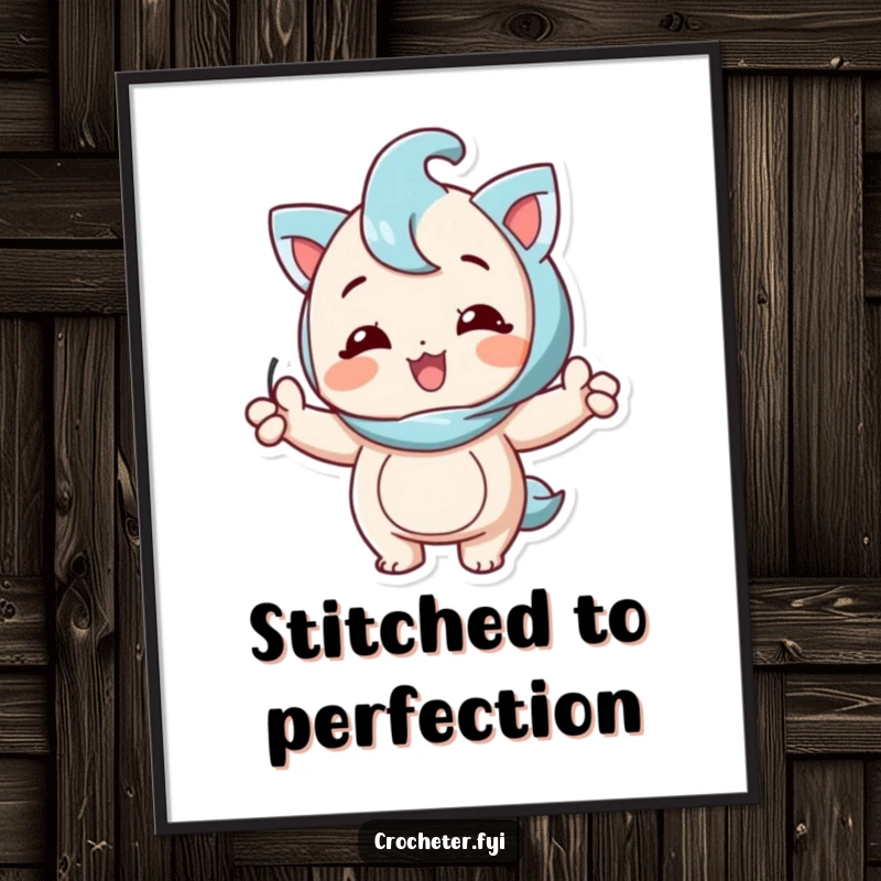 Funny art poster of a happy character exuding pride while showcasing a perfectly formed knitting stitch.