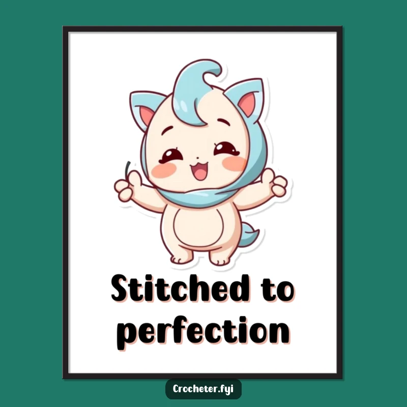 Funny Knitting Poster: Happy Character Proudly Showing Perfect Stitch