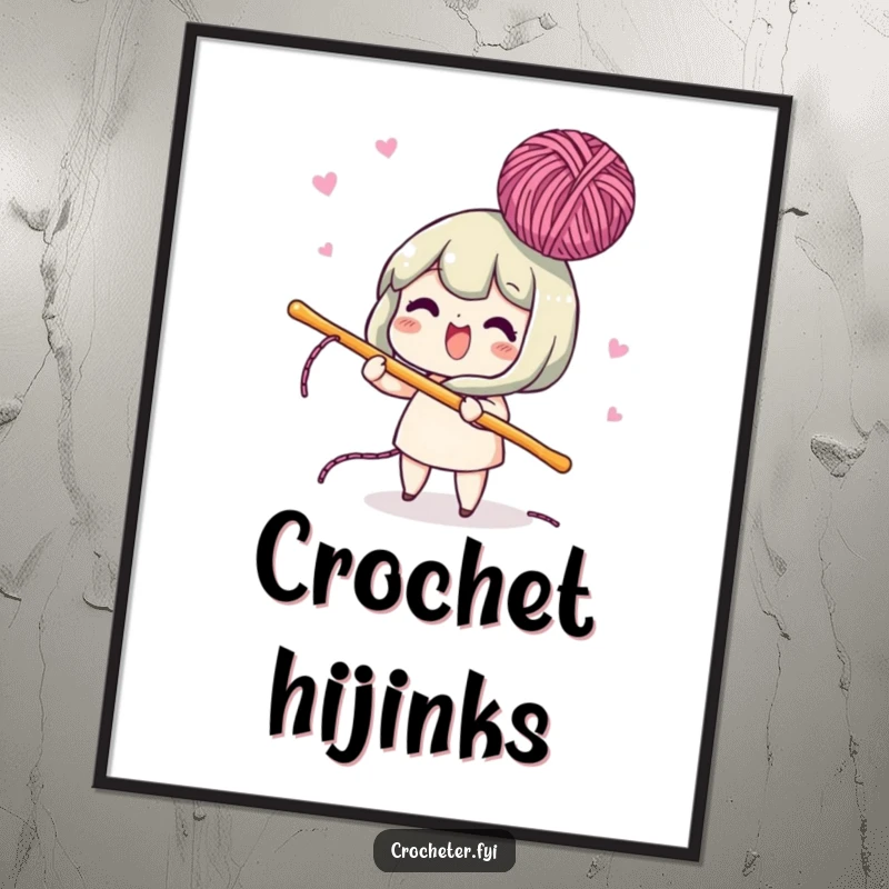 Funny poster displaying a lively character using a crochet hook to playfully bob yarn in the air, creating a dynamic and humorous scene.
