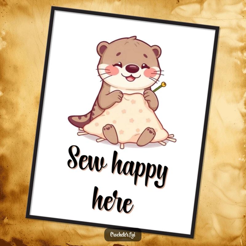 Funny Otter Stitching Poster: Happy otter humorously uses large, clumsy needles for crafting, a funny wall art gift.