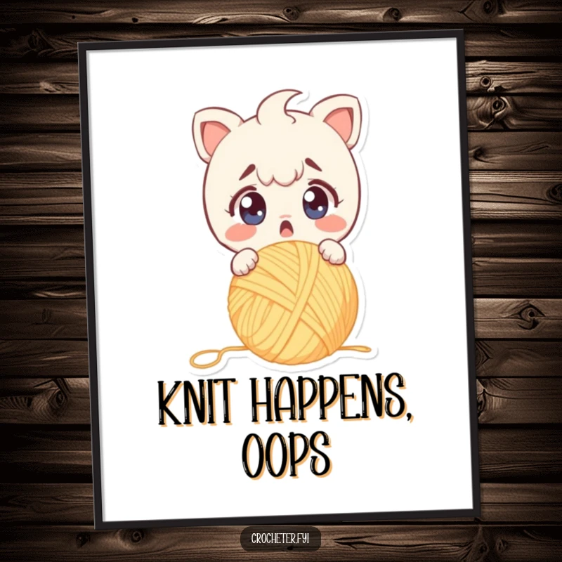 Funny poster illustration of a surprised character with wide eyes dropping yarn, capturing a moment of crafting alarm.