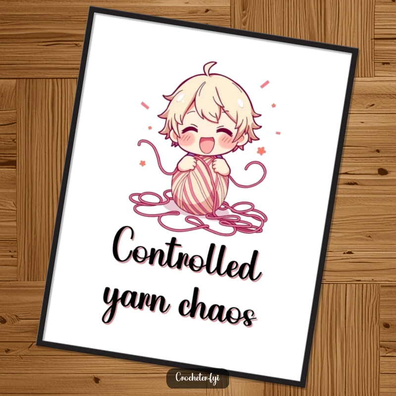 Funny Poster showing a character with eyes wide with excitement, unraveling a ball of yarn, sending strands flying in a dynamic display.