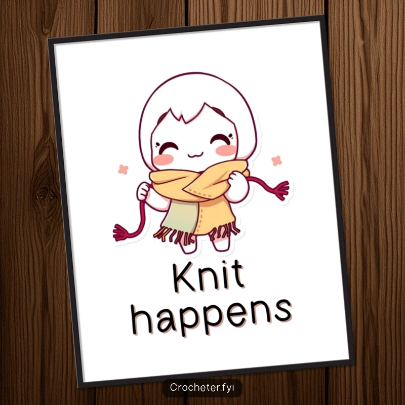 Funny yarn looping poster, a smiling character energetically creating a colorful scarf with yarn, showcasing the joy of crafting.