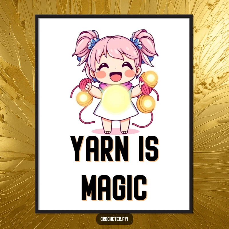 Funny poster, joyful character holding vibrant yarn skeins like glowing orbs, humorous and colorful art.