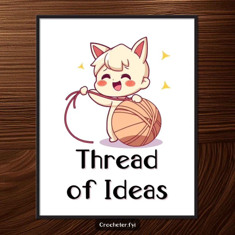 Funny poster featuring a cheerful character enthusiastically pulling a long strand of yarn from a ball, perfect for craft rooms.