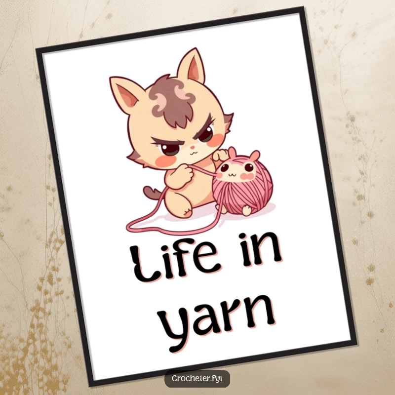 Funny poster art of a mischievous character playfully revealing a small, adorable yarn critter from a craft project.