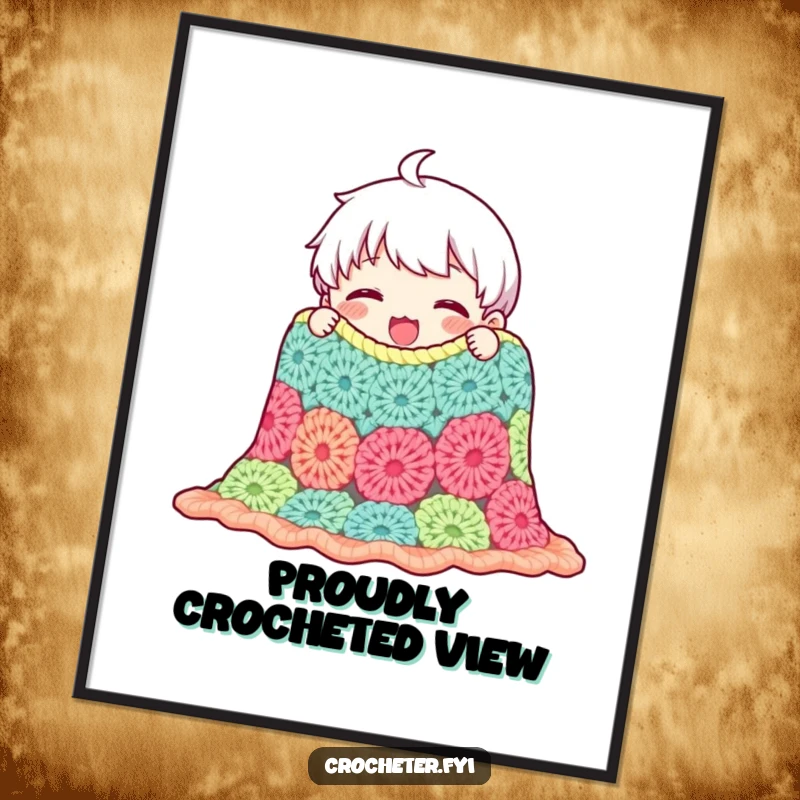 Funny poster featuring a content character admiring a crocheted blanket with pride, celebrating the beauty and satisfaction of handcrafted creations.