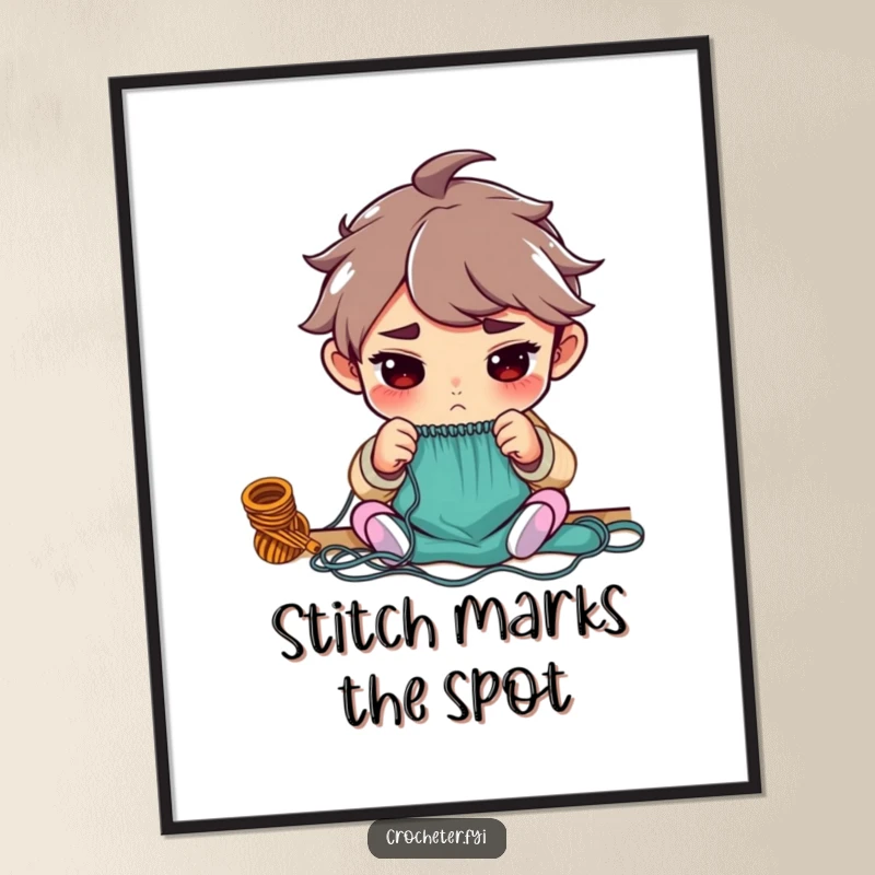 Funny art poster of a determined character meticulously counting knitting stitches, perfect for a craft room's decor.