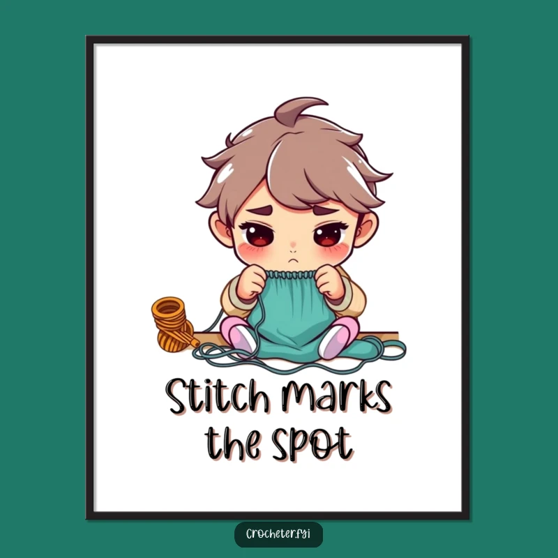Funny Knitting Art Poster: Determined Character Counting Stitches with Focus