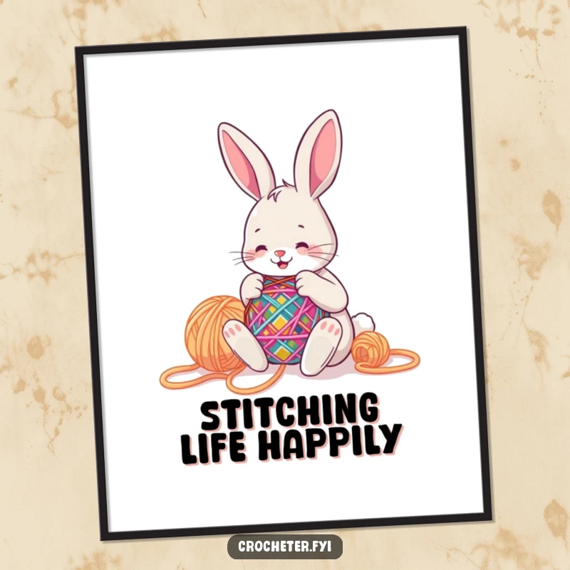 Funny bunny happily stitching a colorful pattern with big yarn, a charming and creative artwork to inspire any maker.