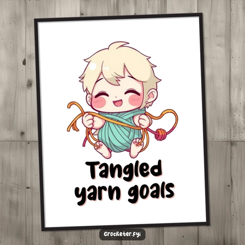 Funny Poster showing a character with a joyful grin, humorously tangled in brightly colored yarn, a piece of art celebrating crafting fun.