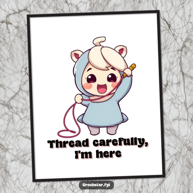 Funny Crochet Poster: Cheerful character joyfully pulls a long thread from a crochet hook, showcasing the art of crafting.