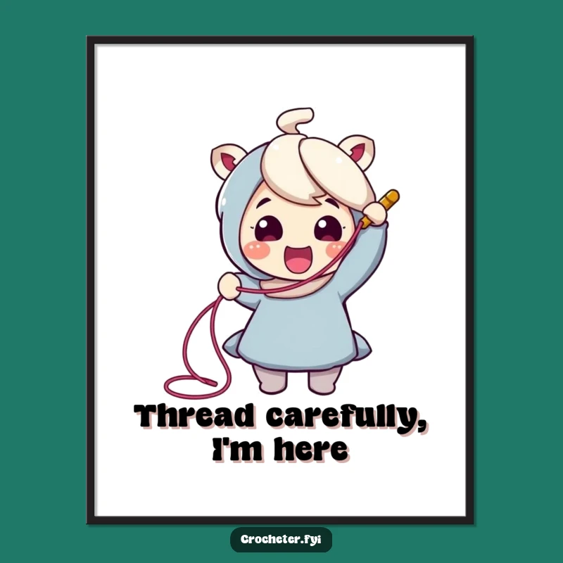 Funny Crochet Wall Art: Cheerful Character Pulling Yarn, Humorous Craft Decor Gift