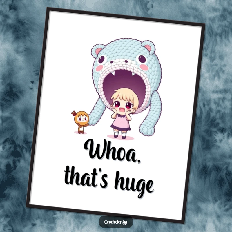 Funny poster art of a surprised character looking up at a colossal, unexpectedly large crocheted creation.