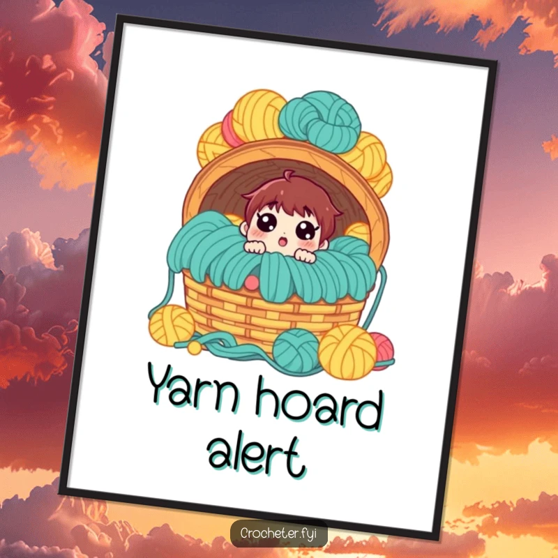 Funny poster, surprised character looking at a giant, overflowing yarn basket, humorous art for crafters.