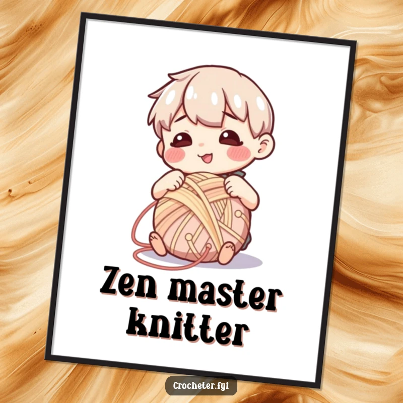 Funny poster displaying a contented character happily winding yarn into a neat ball, creating a peaceful and satisfying visual.