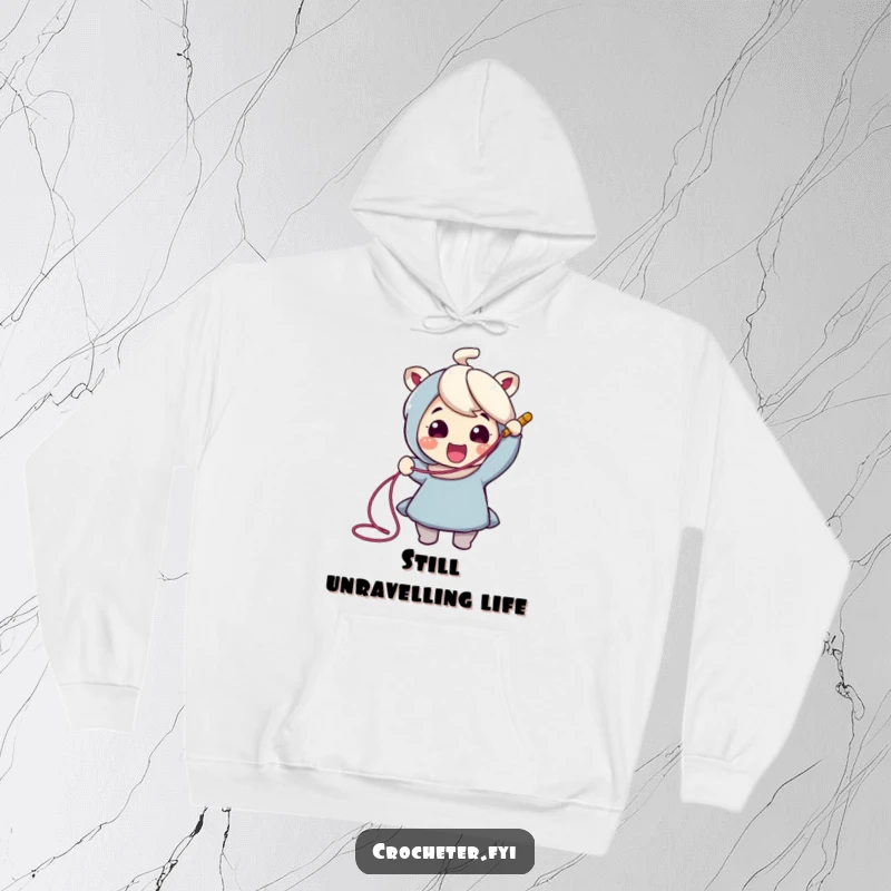 Funny Crochet Hoodie: A cheerful character is joyfully pulling a long thread from a crochet hook, embodying crafting bliss.