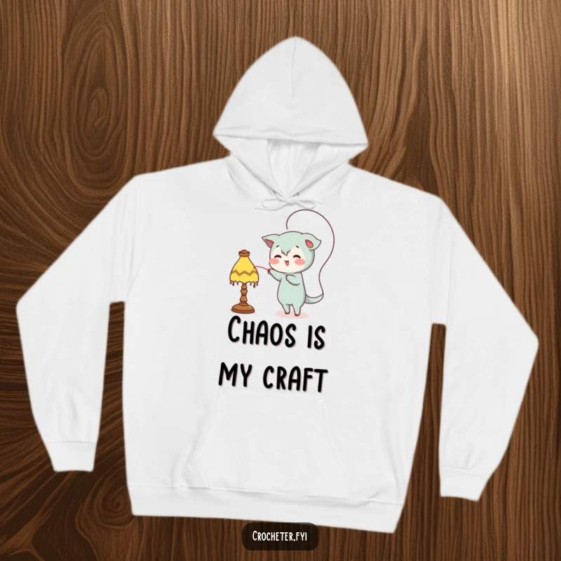 Funny hoodie, mischievous character looping thread around a lamp, cozy and humorous prankster wear.