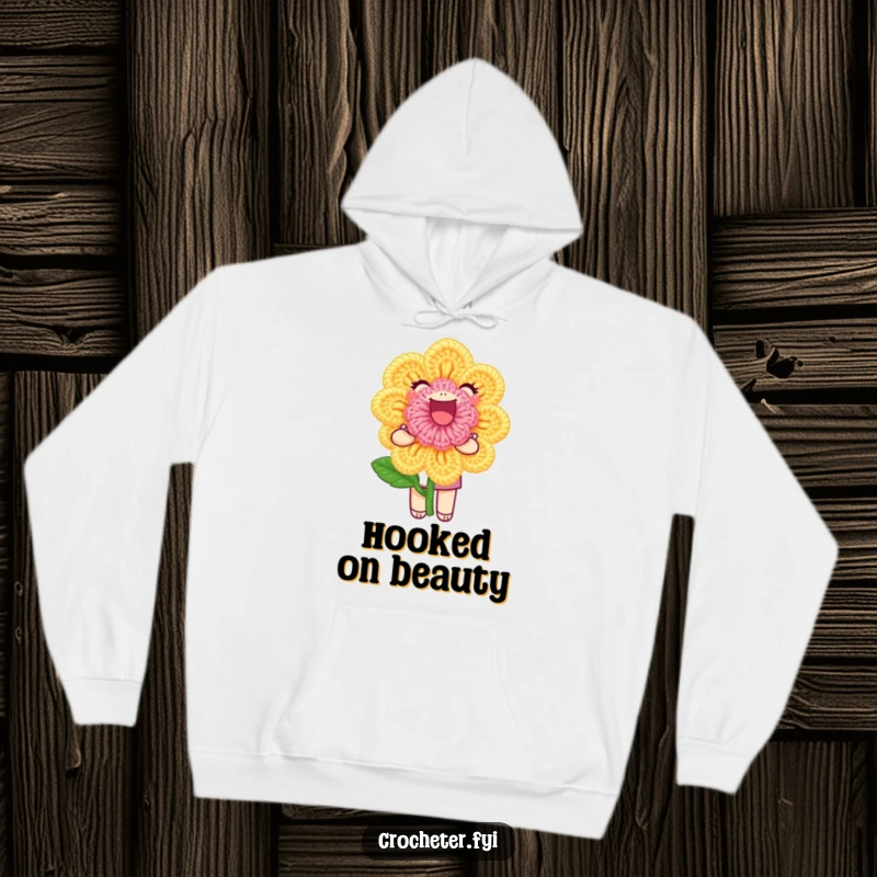 Funny Hoodie: A joyful character happily displays a perfect crochet flower, offering warm comfort and crafty pride.