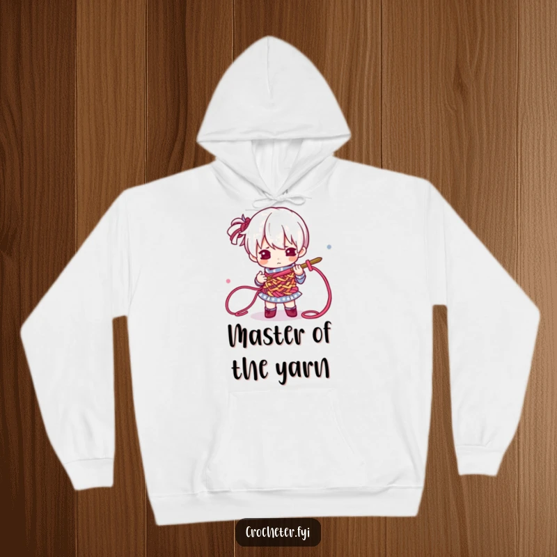 Funny Hoodie depicting a determined character engrossed in crocheting, manipulating vibrant threads with a hook, a cozy crafting scene.