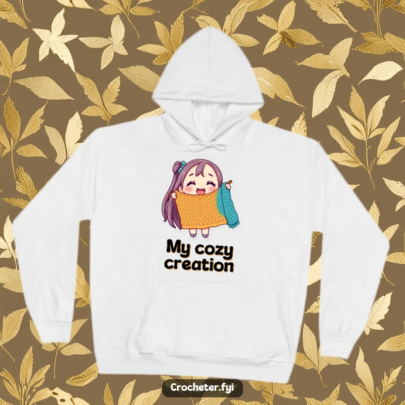 Funny hoodie featuring a joyful character proudly displaying a colorful, partially knitted item, perfect for cozy crafting.