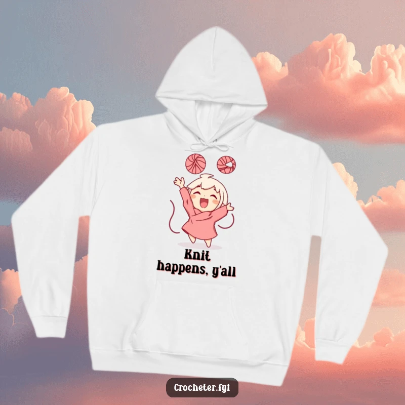 Funny Hoodie depicting a character gleefully throwing a ball of yarn into the air, offering cozy warmth and spreadable joy.