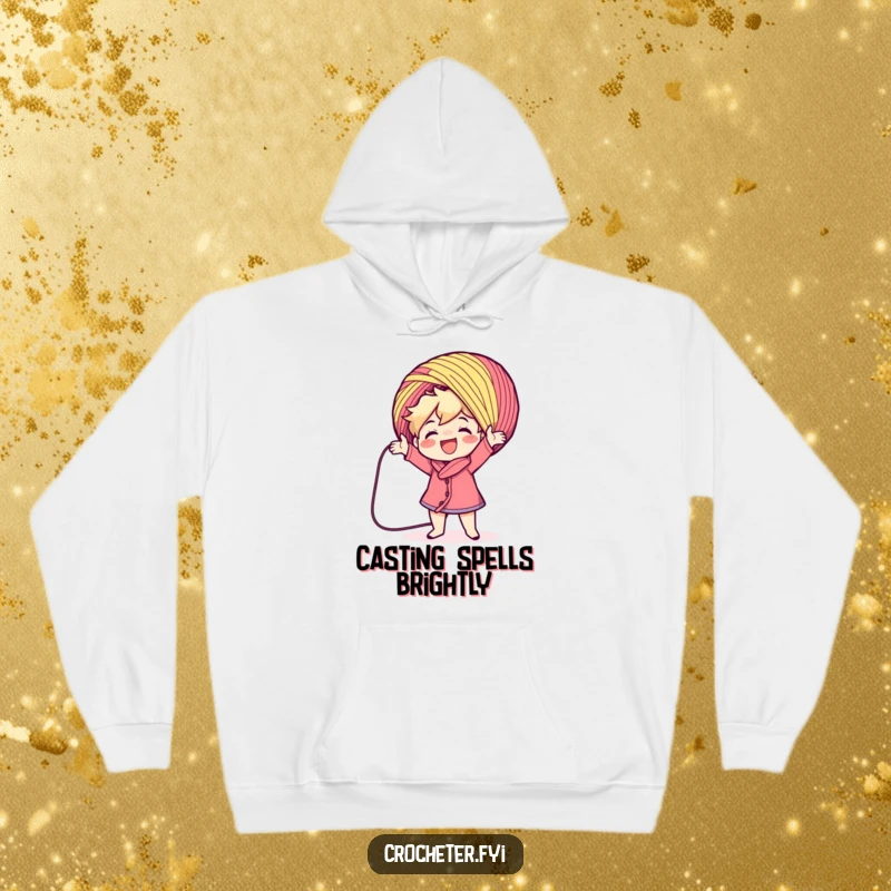 Funny character enthusiastically casting a large colorful yarn ball, depicted on a cozy hoodie. A whimsical and funny crafting illustration, perfect as a funny gift.