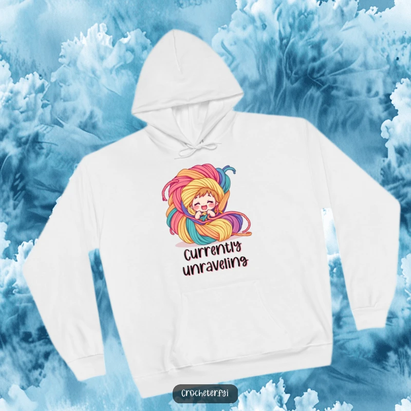 Funny Hoodie: A giggling character enjoys being comically intertwined with an enormous, multicolored yarn creation, providing cozy humor.