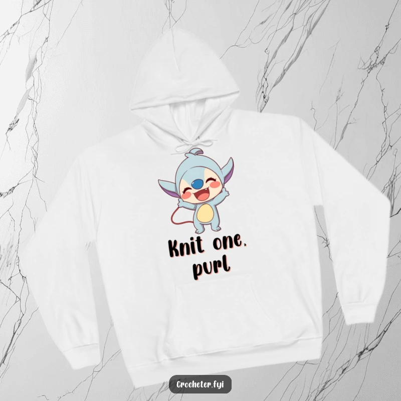 Funny hoodie showing an excited character demonstrating a complex stitch technique, perfect for cozy crafting.