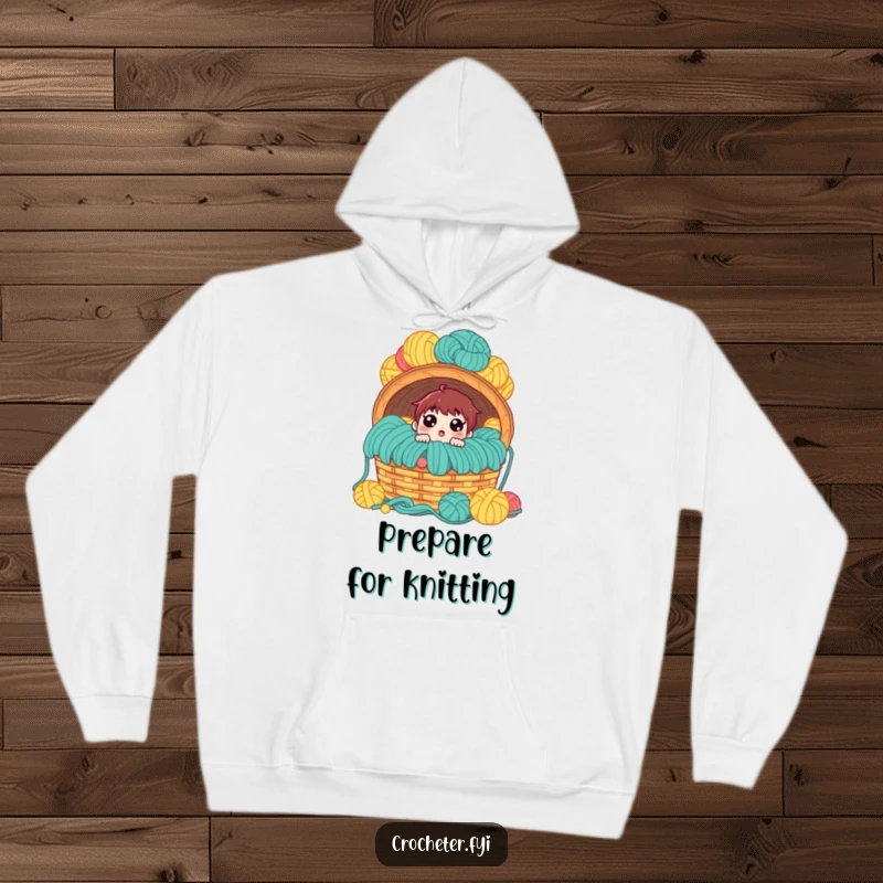 Funny hoodie, surprised crafter facing a huge, overflowing yarn basket, cozy and humorous gift for knitters.