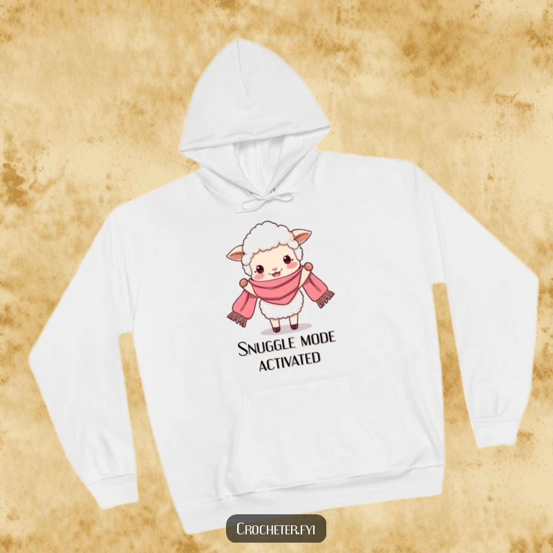 Funny perky sheep joyfully holding a very long scarf, a warm and humorous hoodie for winter.