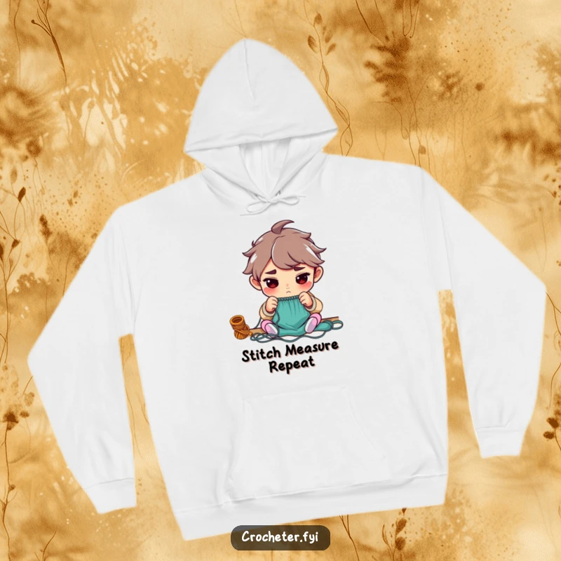 Funny hoodie featuring a determined character engrossed in counting knitting stitches with utmost concentration for cozy wear.
