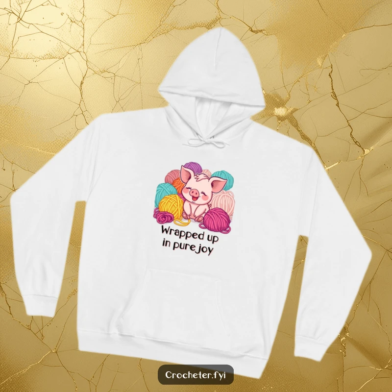 Funny piglet giggling amidst yarn piles on a hoodie, offering cozy and humorous comfort for crafters.
