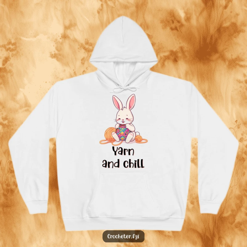 Funny bunny happily stitching a colorful creation with big yarn, offering cozy warmth and a celebration of handmade crafts.