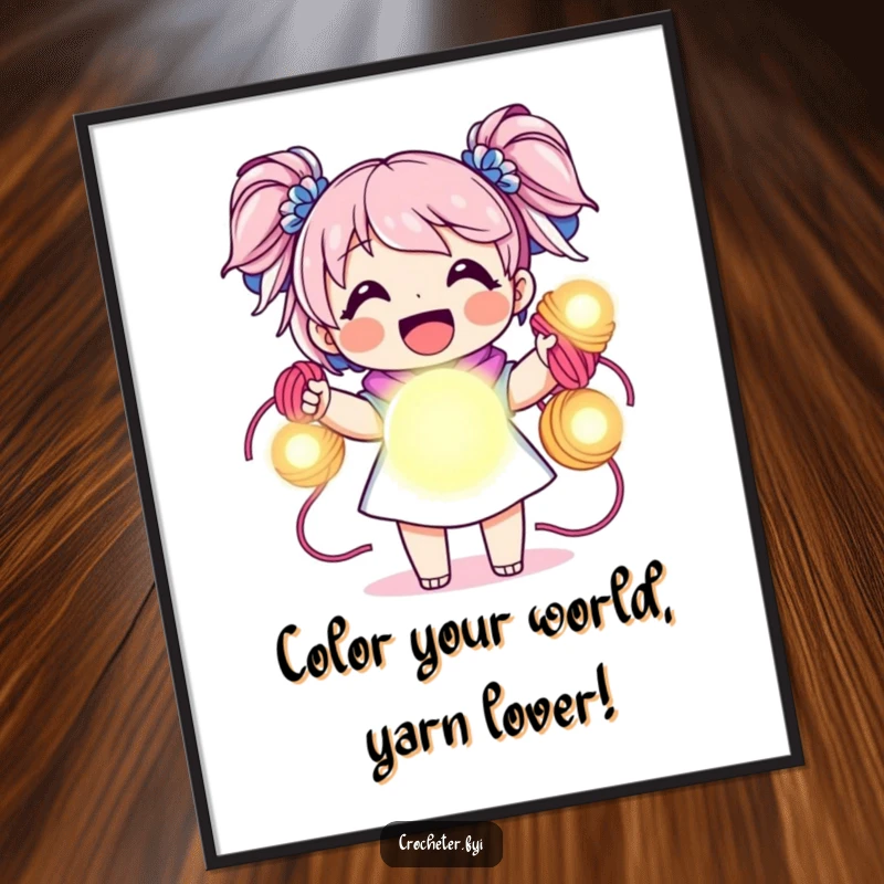 Funny Free Printable Wall Art: Joyful character holding vibrant yarn skeins that glow like orbs, perfect for craft lovers.