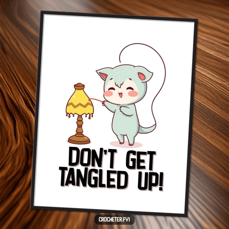 Funny Free Printable Wall Art: Mischievous character casting thread that loops around a lamp, adding playful decor.
