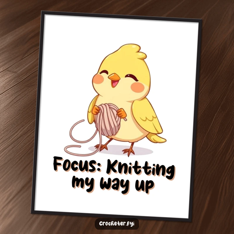 Funny Free Printable Wall Art: Joyful bird deftly looping yarn with determined focus, perfect for creative decor