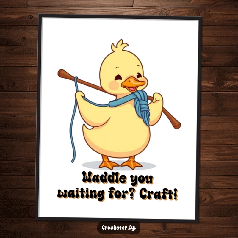 Funny Free Printable Duck Yarn Wall Art: A focused duck enthusiastically looping colorful yarn with a crochet hook, adding charm.