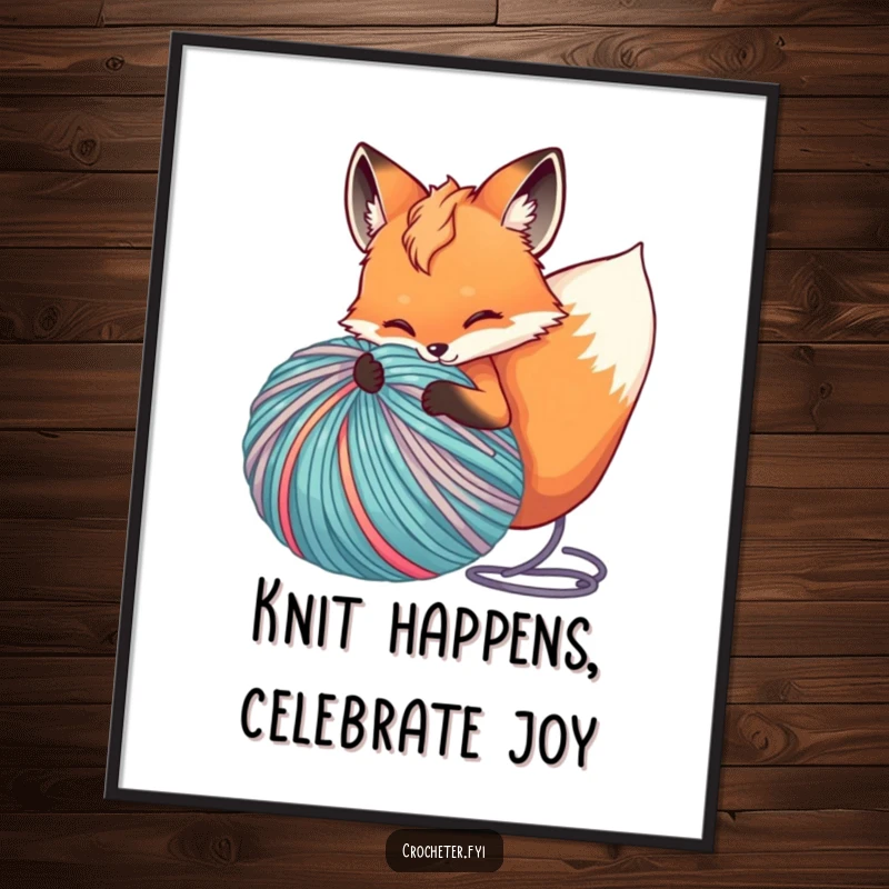 Funny Free Printable Fox Yarn Wall Art: A charming fox gleefully unfurling a giant, colorful ball of yarn in a playful scene.