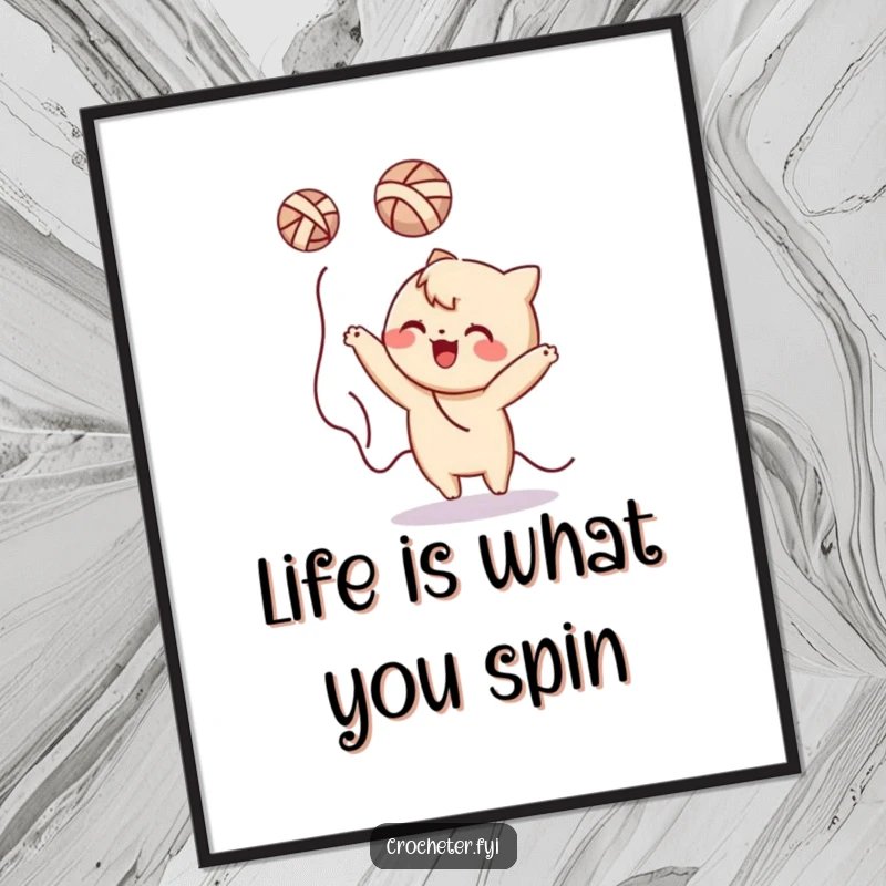 Funny Free Printable Wall Art depicting a playful character tossing a ball of yarn, adding a touch of humor and color.