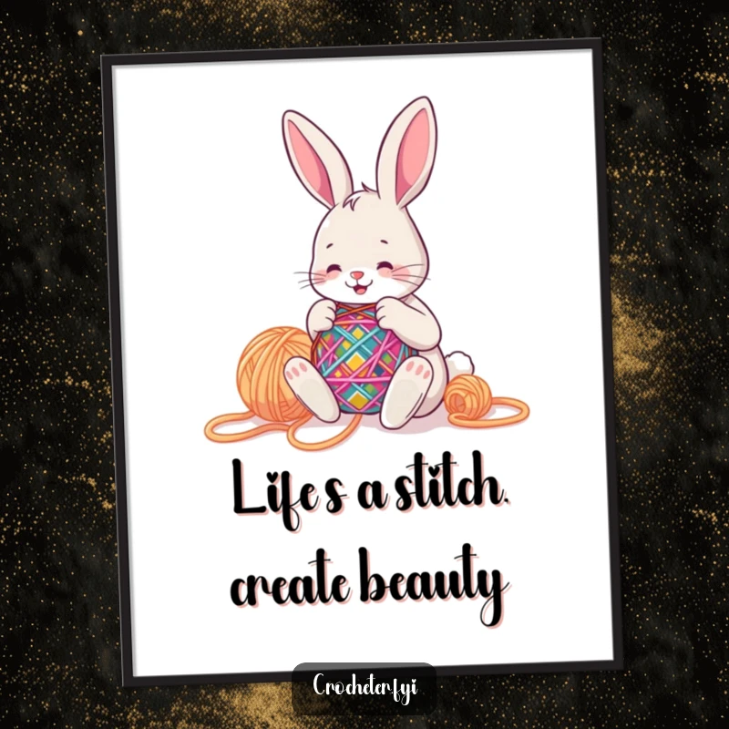 Funny Free Printable Wall Art: A happy bunny is busy stitching a colorful pattern with big yarn. Vibrant and downloadable art.