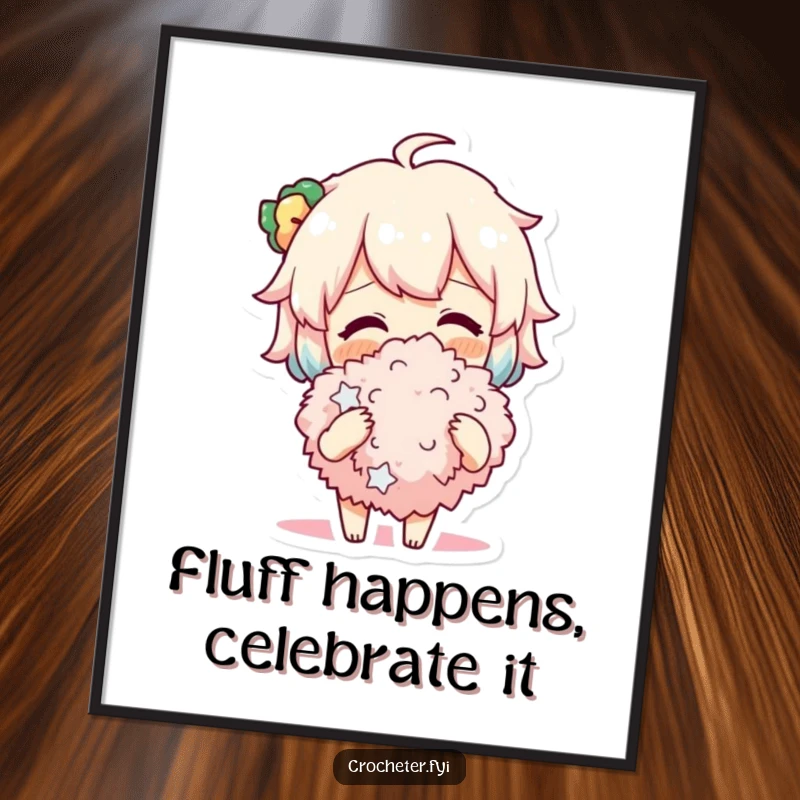 Funny free printable wall art of a cheerful character joyfully admiring a large, soft, fluffy pompom they just finished.