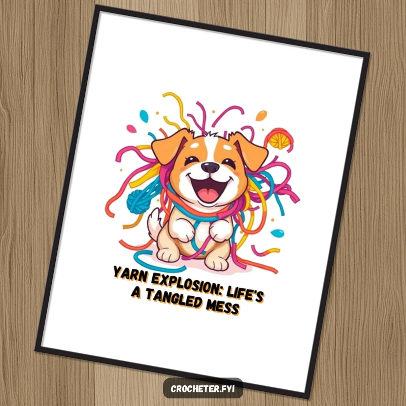 Funny Free Printable Wall Art: Excited dog playfully tangled in a vibrant yarn explosion, perfect for quirky home decor
