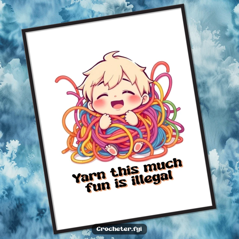 Funny Free Printable Wall Art: A happy character comically entangled in a wild, colorful mess of knitting yarn.