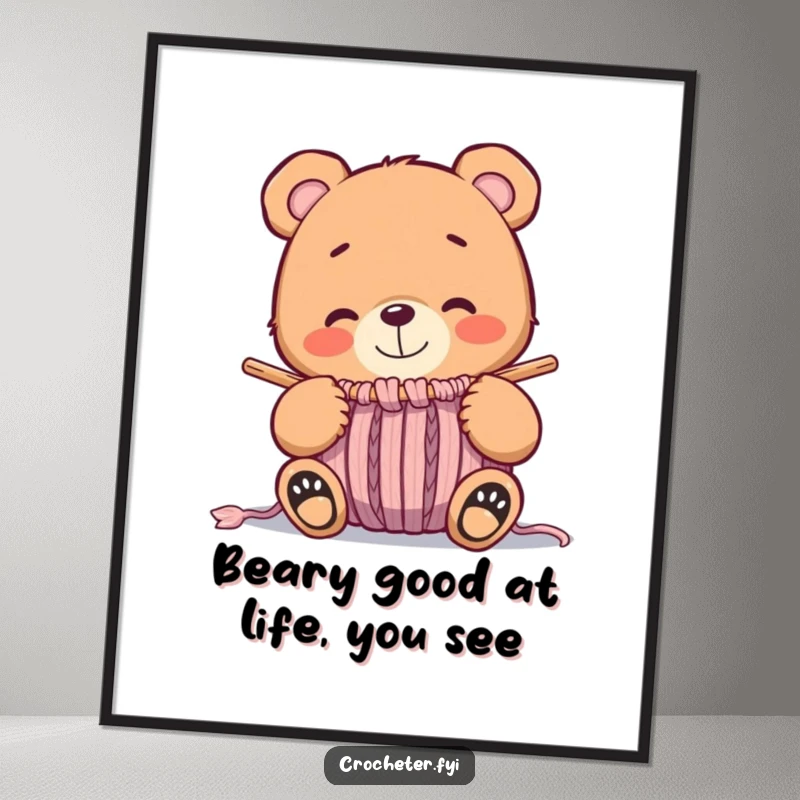 Funny Free Printable Wall Art: Whimsical bear smiling at a nearly finished knitted item, perfect for cozy decor